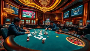 A dynamic gambling scene featuring an upscale poker table with players showcasing strategies at 32ưin, enhanced by roulette wheels and vibrant chips.