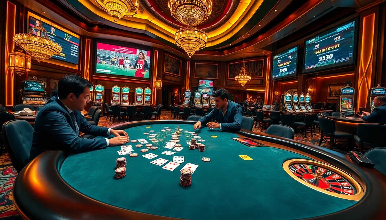 A dynamic gambling scene featuring an upscale poker table with players showcasing strategies at 32ưin, enhanced by roulette wheels and vibrant chips.