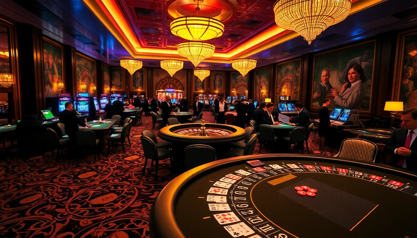 Experience the thrill of SODO Casino with vibrant poker tables and an elegant roulette wheel.