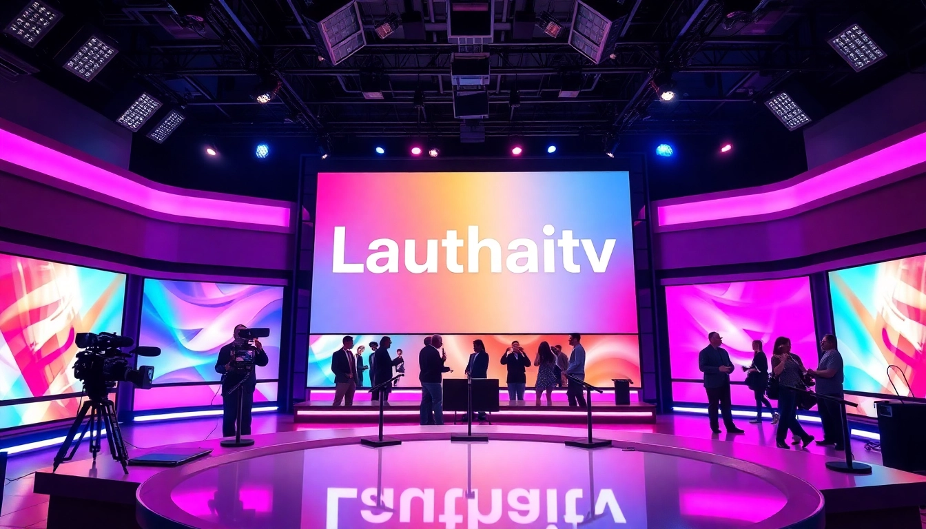 Vibrant television studio scene featuring Lauthaitv on LED screen, showcasing modern broadcasting elements.