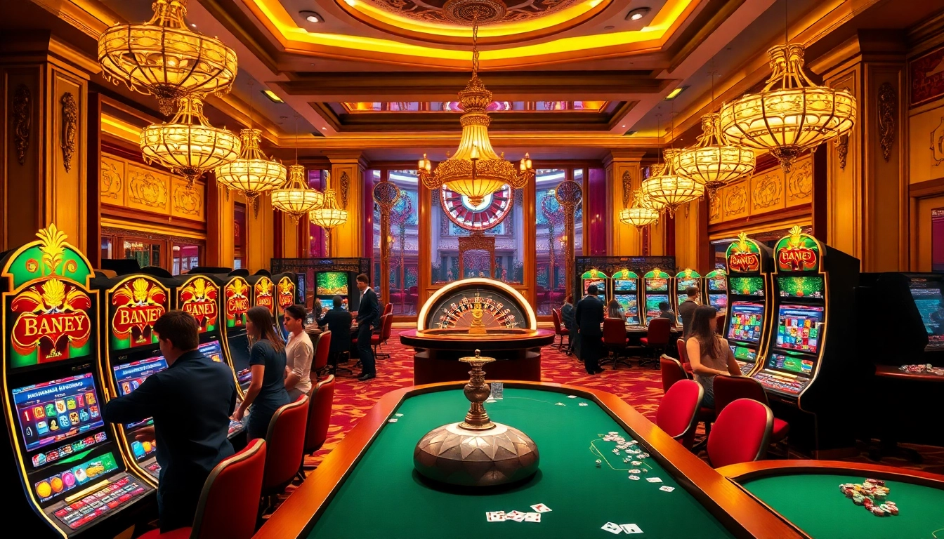 Experience the excitement of kerajaanslot gaming in a luxurious casino setting with vibrant slot machines.