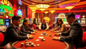 Nohu90 players strategizing at a lively casino poker table amidst vibrant slot machines.