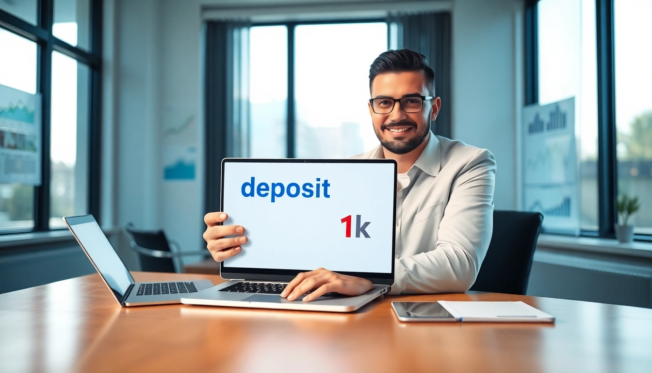 Mengelola deposit 1k dengan ahli keuangan di kantor modern, menyoroti grafik keuangan.