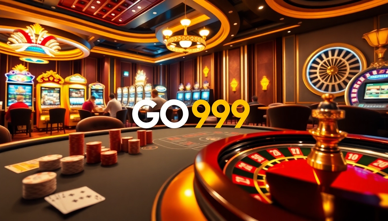 Experience excitement at GO99 with a vibrant casino scene featuring poker, slots, and roulette.
