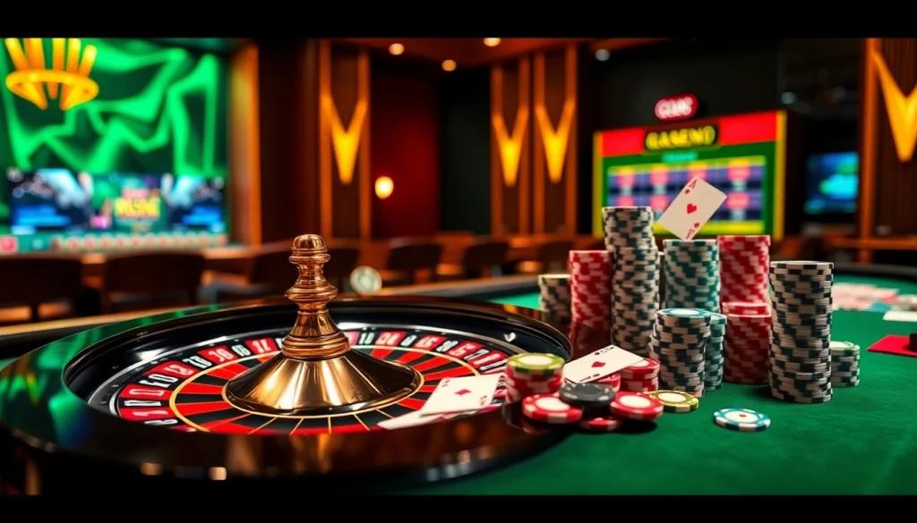 Experience high-stakes gaming at QQ88 with a vibrant casino scene featuring roulette and poker.