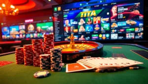 Exciting gambling scene featuring Nhà cái OKFUN's luxurious casino atmosphere with roulette and poker elements.