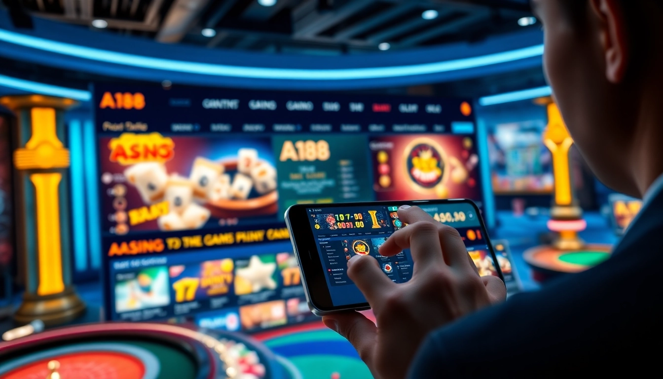 A188 online casino platform interface showcasing slots and live dealer games on a smartphone.