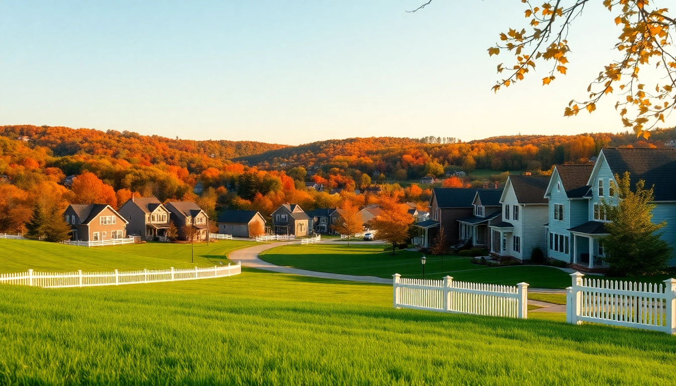 Clarksburg's scenic view showcasing charming homes and vibrant autumn foliage.