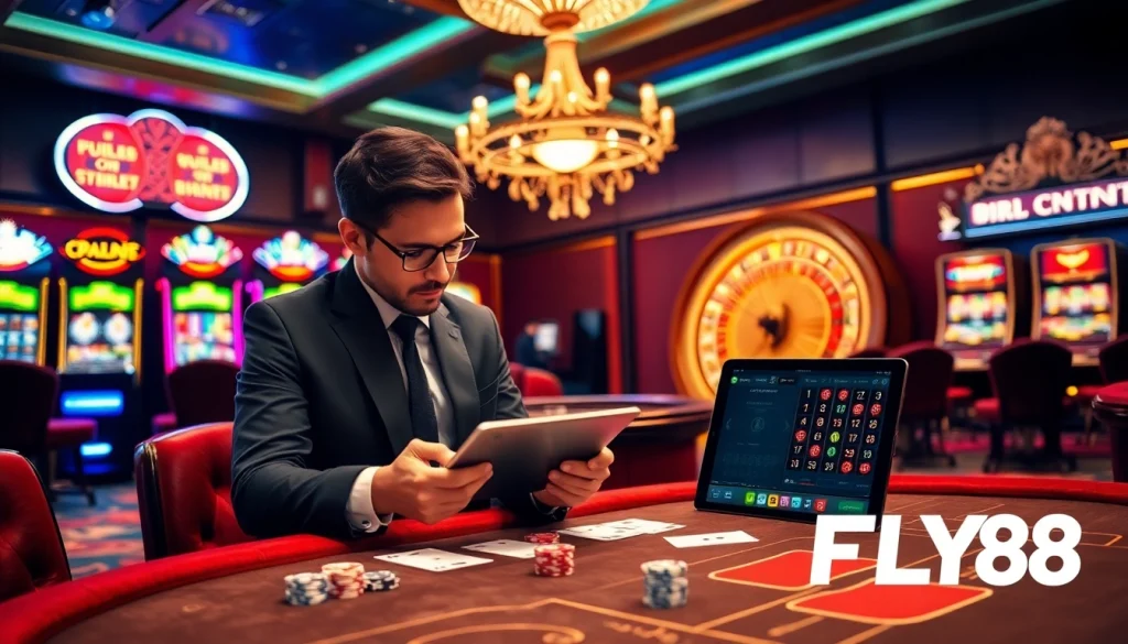 Experience the excitement of FLY88 with a luxurious casino backdrop featuring poker chips and slots.