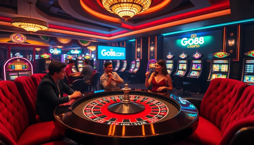 Players enjoying games at Go8.com casino with roulette table and poker chips.