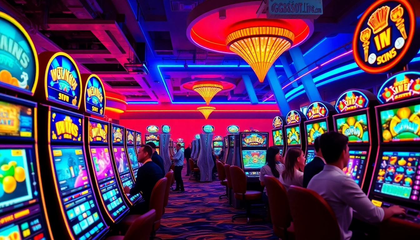 Exciting gaming scene at gg88slot.live with vibrant slot machines and players enjoying wins.