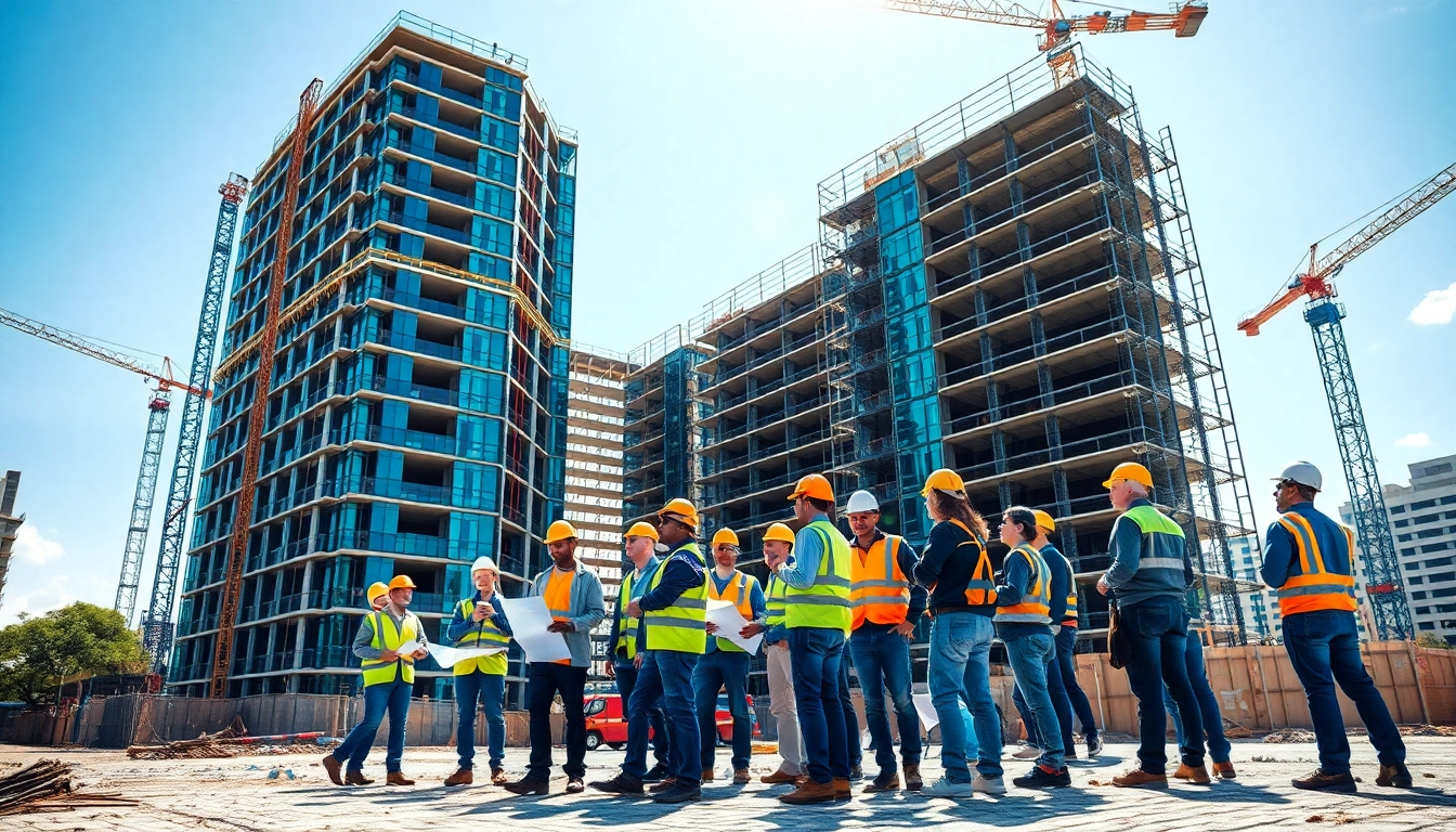 Workers actively engaging in Austin construction of a modern office building on a busy site.