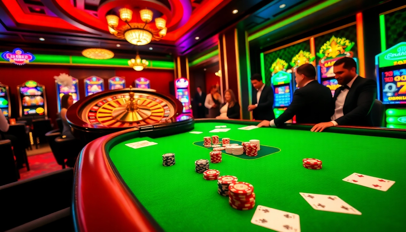 Players enjoying poker and roulette at Bet88 casino surrounded by vibrant slot machines and excitement.