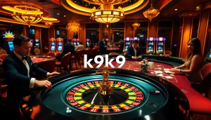 K9K9 casino scene featuring a roulette wheel, poker chips, and elegant players