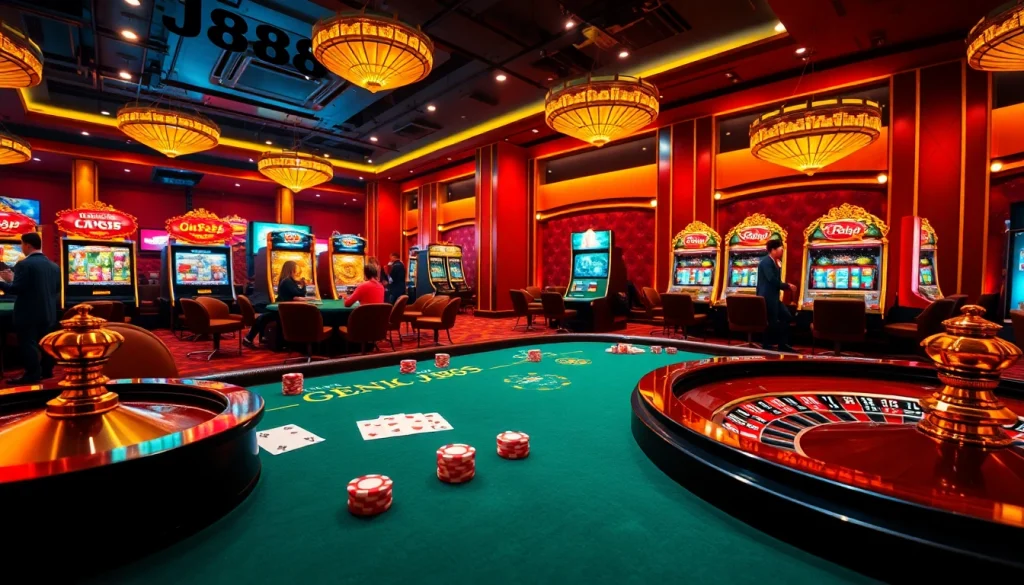 Engaging poker scene showcasing j888-themed gaming chips and cards amidst a lively casino ambiance.