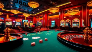 Engaging poker scene showcasing j888-themed gaming chips and cards amidst a lively casino ambiance.