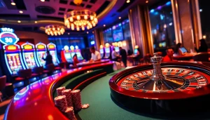 Players enjoying exciting casino games at RR88 with vibrant slot machines and roulette tables.