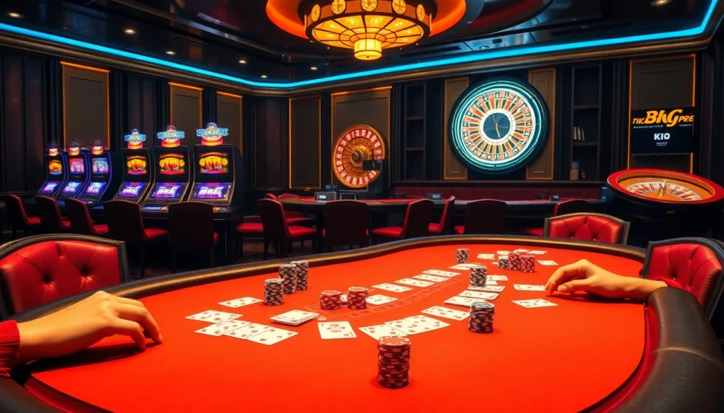 Thrill of excitement at KJC luxury casino with poker games and vibrant slot machines.