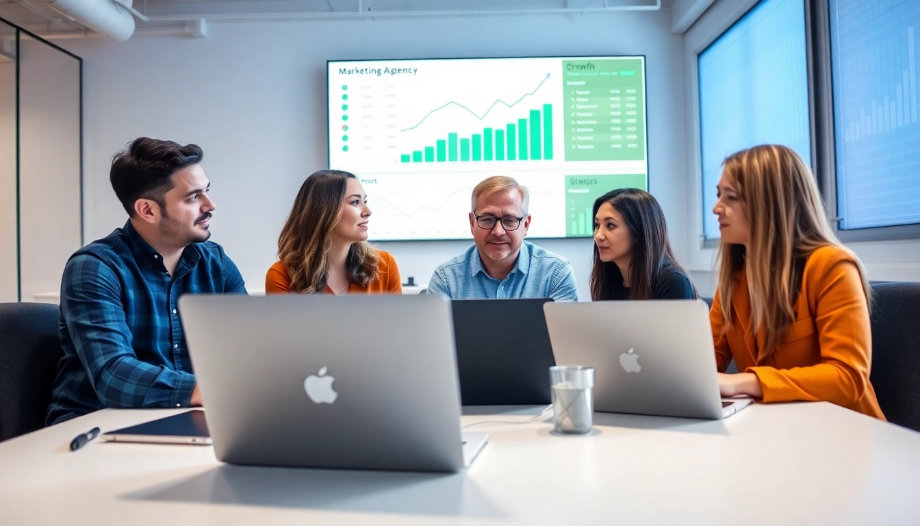 Visualize a marketing agency team strategizing with dynamic analytics in a modern workspace.