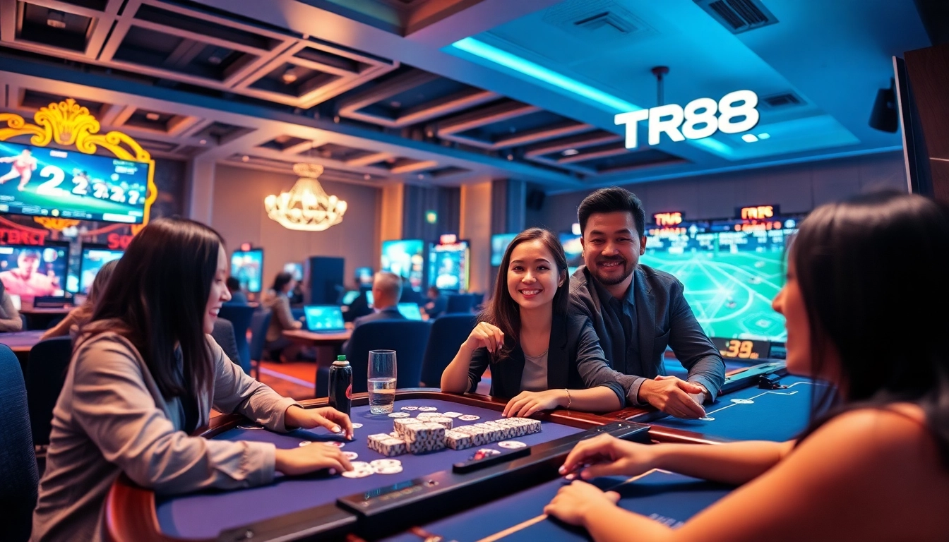 Engaged players enjoying TR88 Game platform with vibrant casino atmosphere.