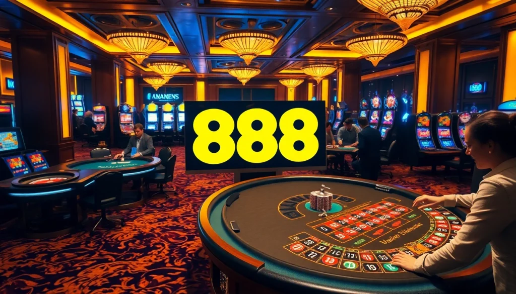 Players experiencing the excitement of gambling at u 888 casino tables with vibrant slot machines.