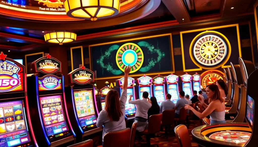 Para pemain berinteraksi dengan mesin slot, merayakan kemenangan dan memperlihatkan keseruan Slot Depo 1K.