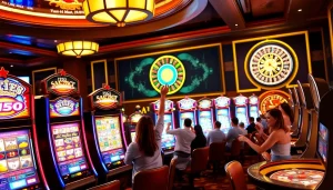 Para pemain berinteraksi dengan mesin slot, merayakan kemenangan dan memperlihatkan keseruan Slot Depo 1K.