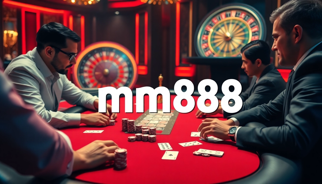 High-stakes gambling scene with mm88 poker table, dynamic betting action, and elegant casino ambiance.