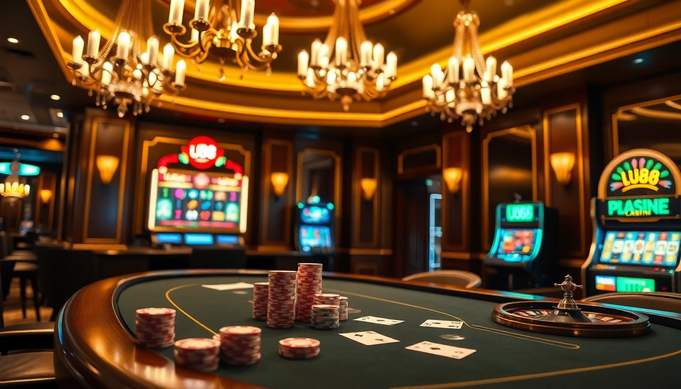 Engage with thrilling uu88 casino action at an elegant poker table with luxurious decor.
