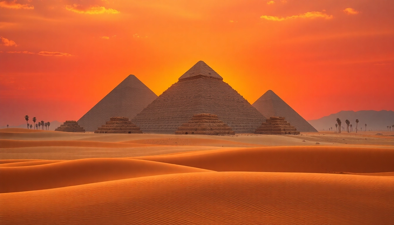 Explore ancient structures at https://piraminds.com/ with pristine pyramids illuminated by a desert sunset.