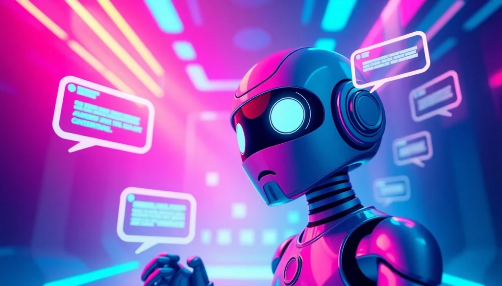 Engaging NSFW AI chat scene with a futuristic chatbot character in a vibrant digital environment.