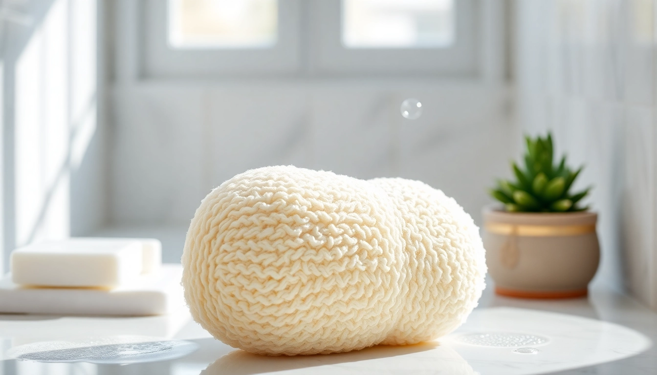Best back loofah for dry skin, showcasing its unique texture and soothing bathroom setting.
