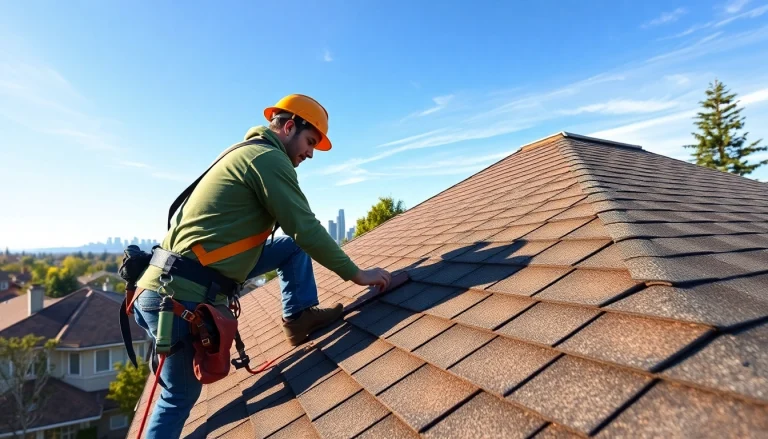 Expert roofer in Seattle, WA installing shingles with the skyline in the background