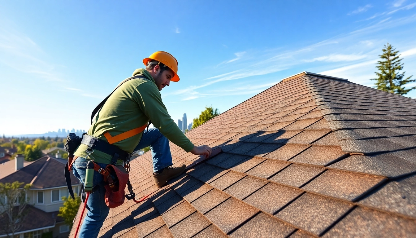 Expert roofer in Seattle, WA installing shingles with the skyline in the background