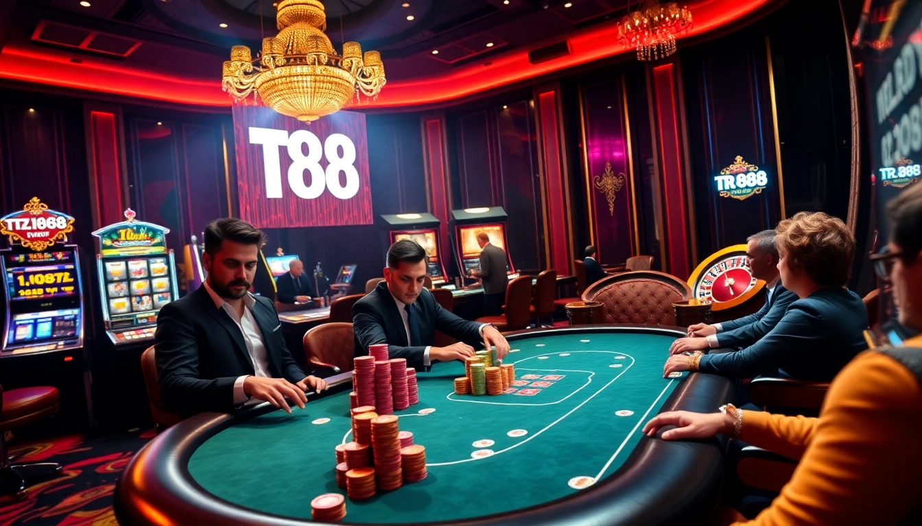Players engaging at a high-stakes poker table in a luxury casino ambiance with TR 88 elements.