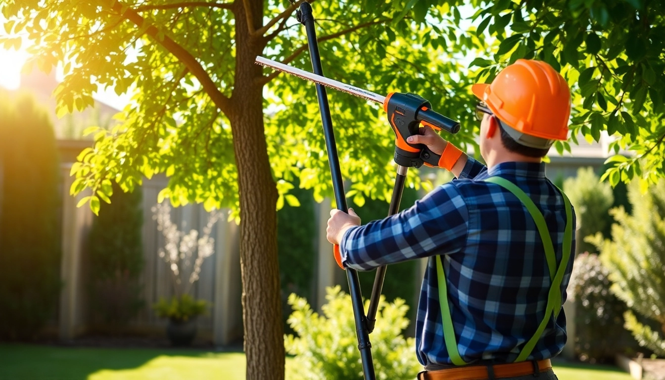 Best electric pole saw being used for tree trimming in a sunny backyard