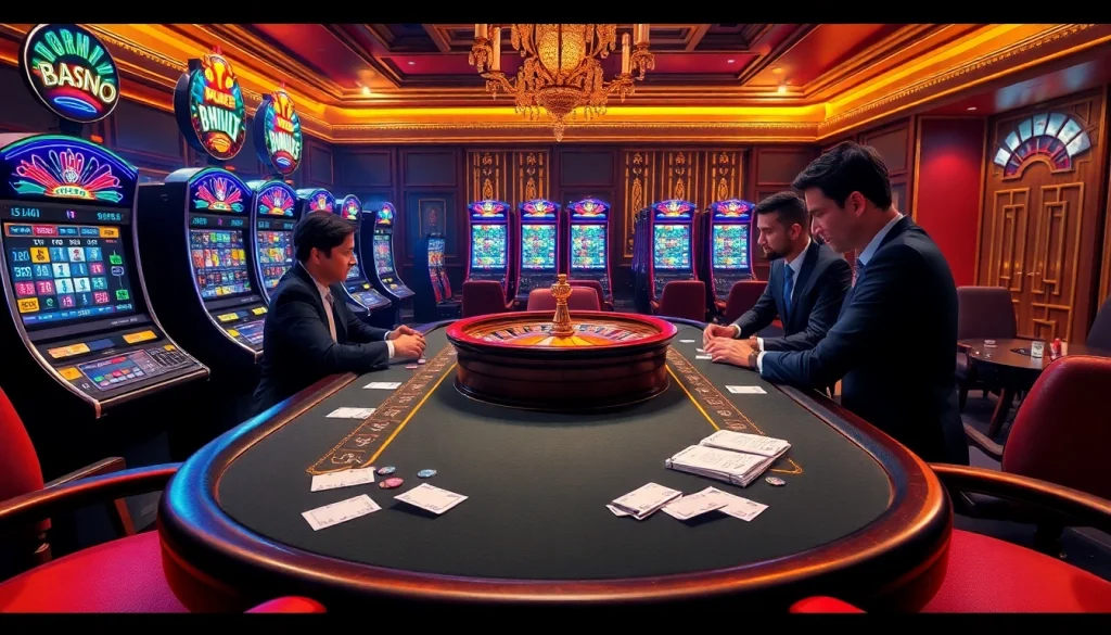 Experience high-stakes excitement at mk8th.net with a luxurious casino scene showcasing a poker table and vibrant slot machines.