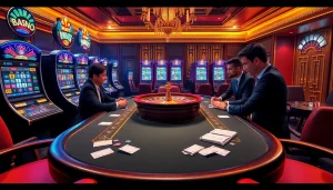 Experience high-stakes excitement at mk8th.net with a luxurious casino scene showcasing a poker table and vibrant slot machines.