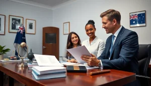 Trusted migration lawyer in Sydney consulting a diverse couple about immigration options.