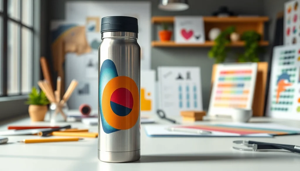 Spauda ant termosų pavaizduota stilingame kelioniniame termosuose kūrybinėje darbo erdvėje.