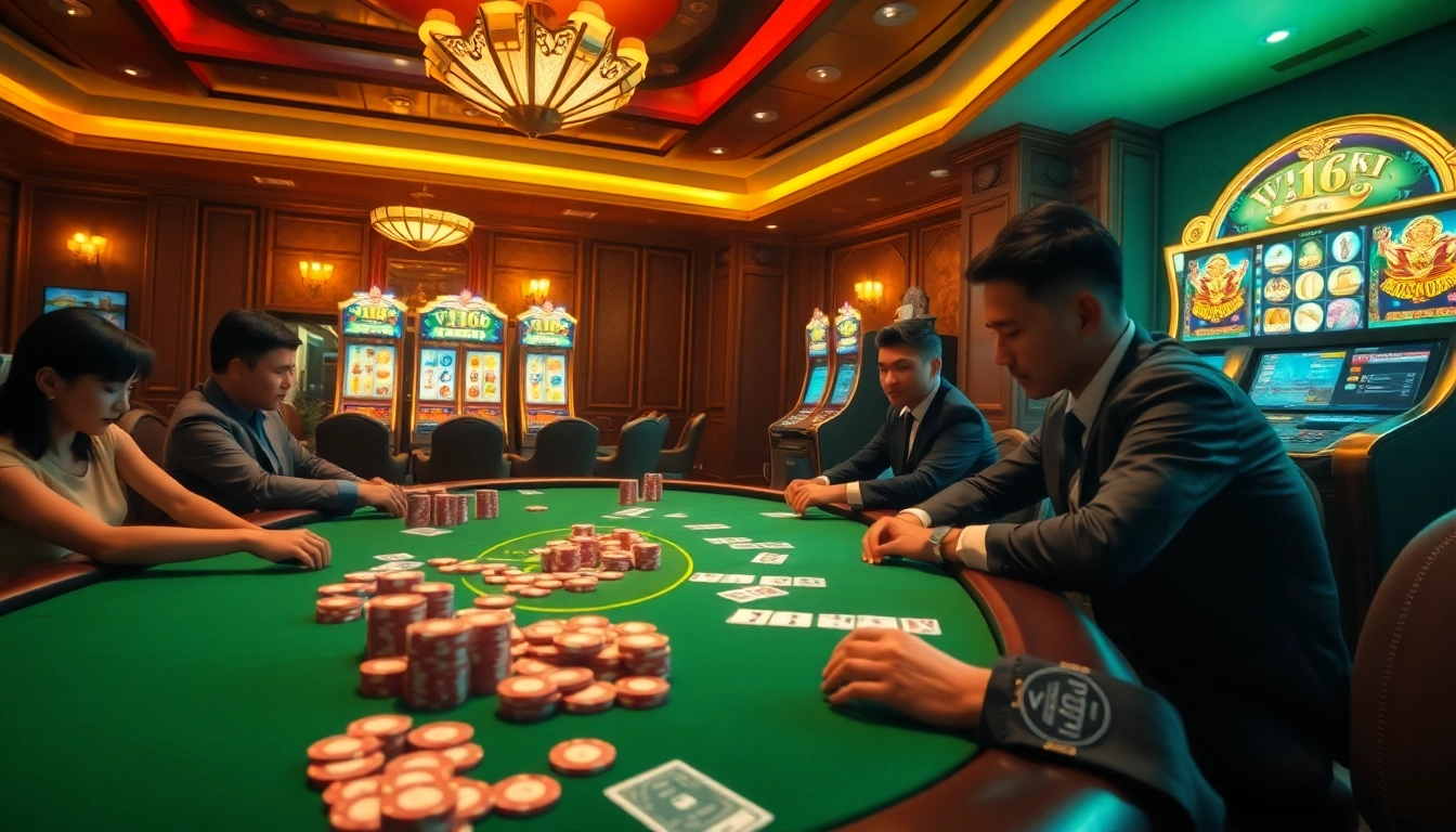Players strategize and bet at a luxury poker table in a vibrant casino scene featuring vn168-themed decorations.