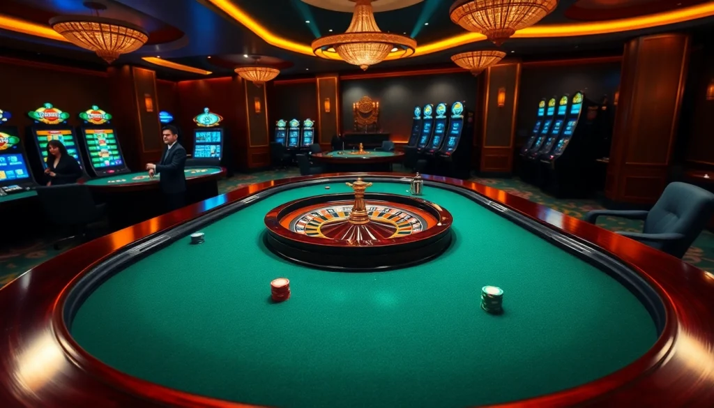 Engaging scene of high-stakes gambling at Thabet casino with poker tables and vibrant poker chips.