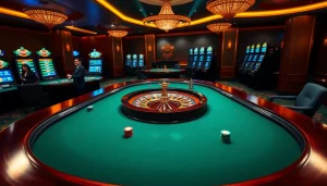 Engaging scene of high-stakes gambling at Thabet casino with poker tables and vibrant poker chips.