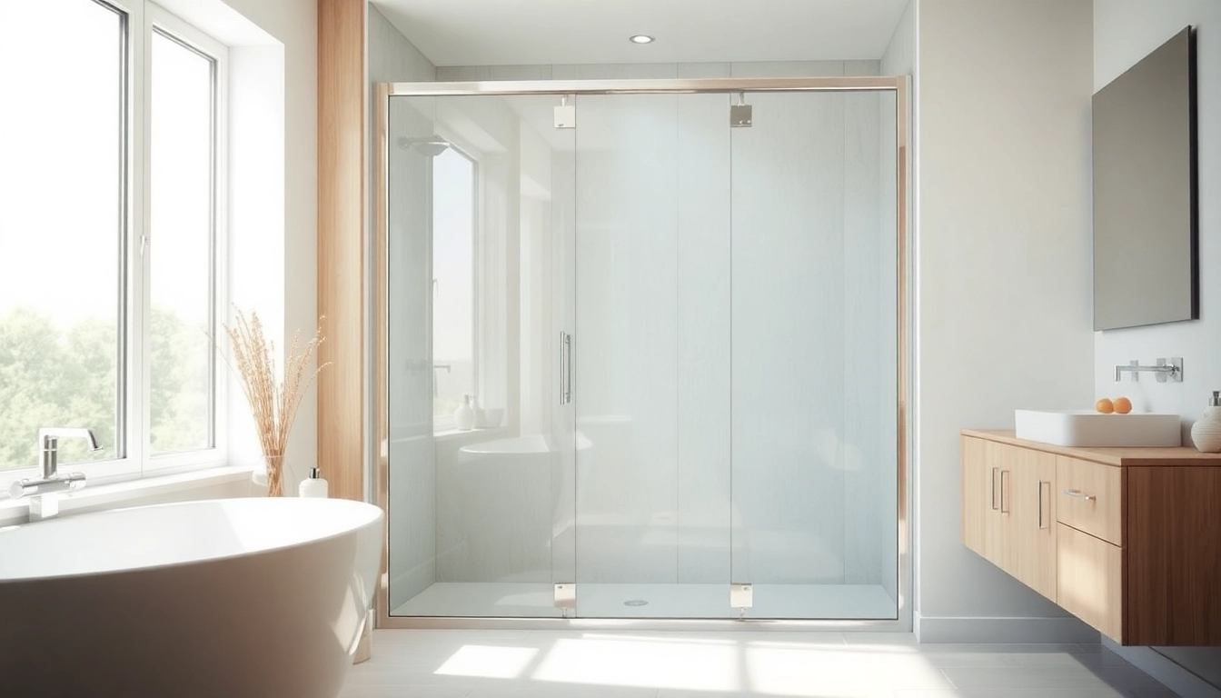 Showcase of sunney shower doors with sleek designs in a bright bathroom setting.