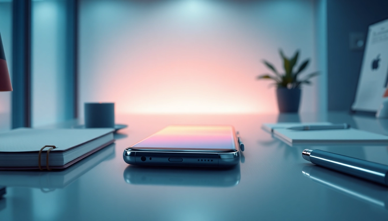 The Samsung Galaxy S8 smartphone showcasing its vibrant display on a modern workspace, reflecting innovation.