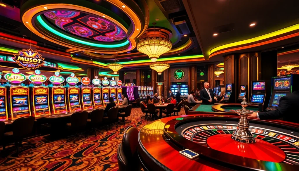 Players enjoying the thrill of betting at Nhà Cái MMOO casino with vibrant slot machines and live poker tables.