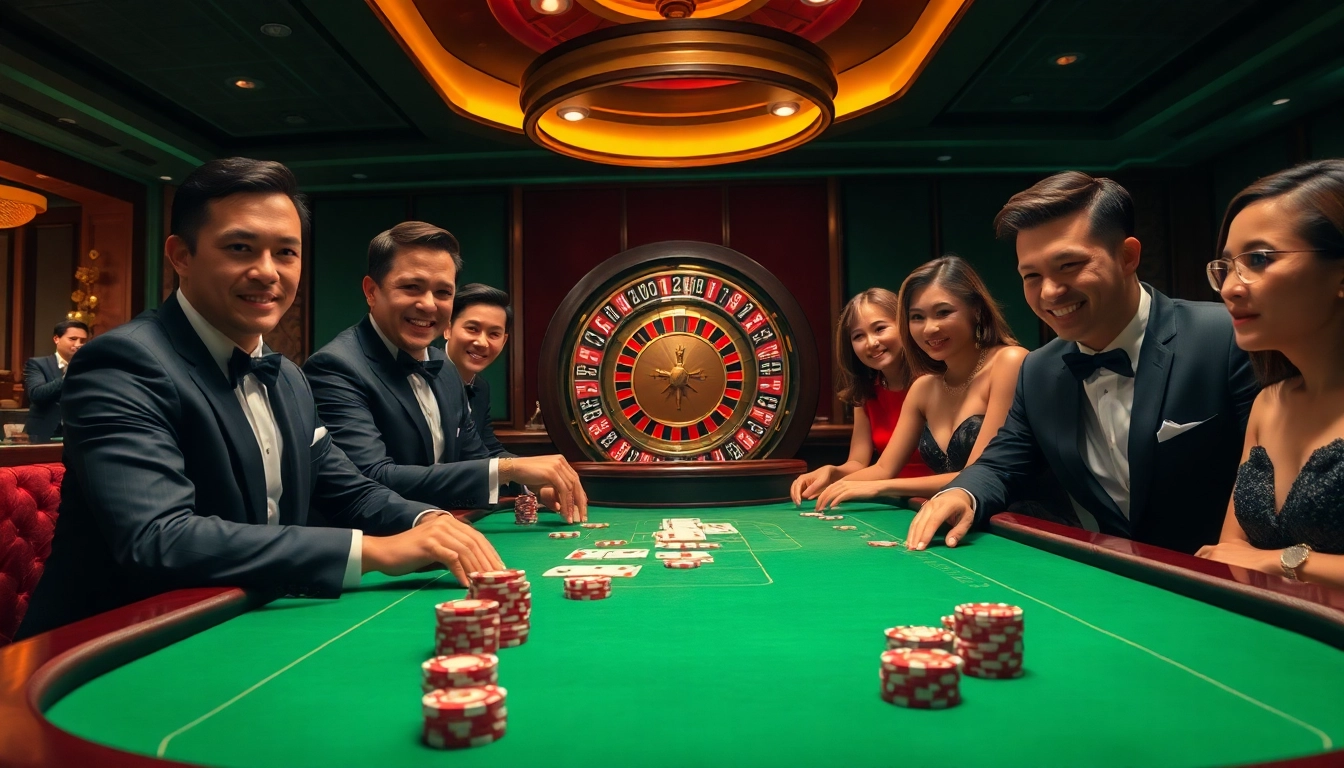 Dealers and players engaging in intense poker action at Nhà Cái 56WIN's high-end table.