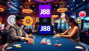 Experience thrilling gameplay at the J88 casino table with vibrant poker chips and dynamic players.