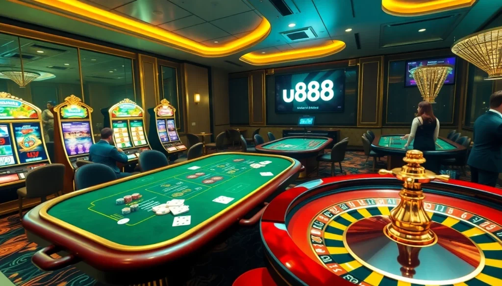 Experience the excitement of u888 with vibrant slot machines, elegant card tables, and lively players.