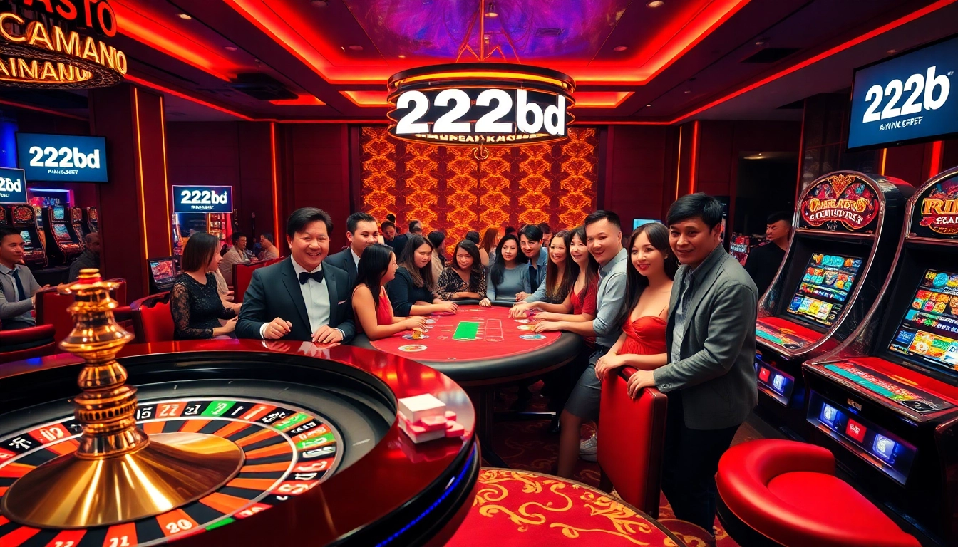 Enjoying a thrilling game at 222bd casino with vibrant slot machines and excited players.
